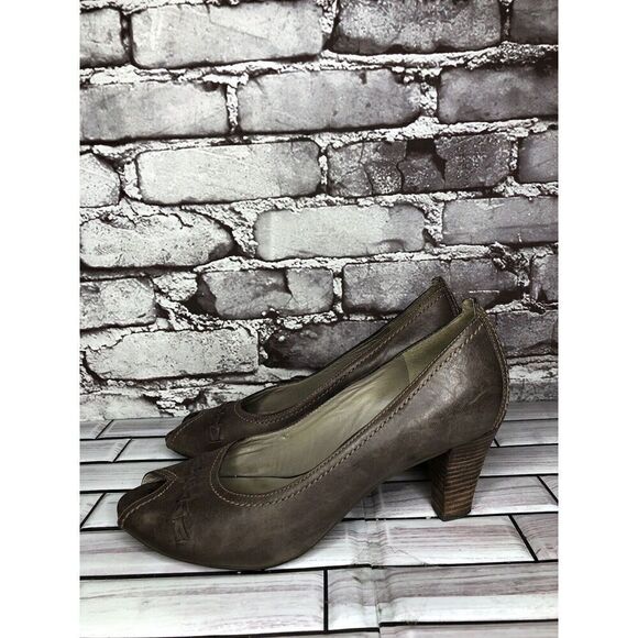 Ecco Brown Leather Peep Toe Pumps Comfort Stacked Heels Women’s Sz 38EU/7.5M US - Picture 1 of 14